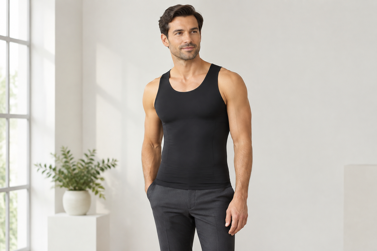 Adult man in a black compression tank showing a smooth fit through the waist and midsection.