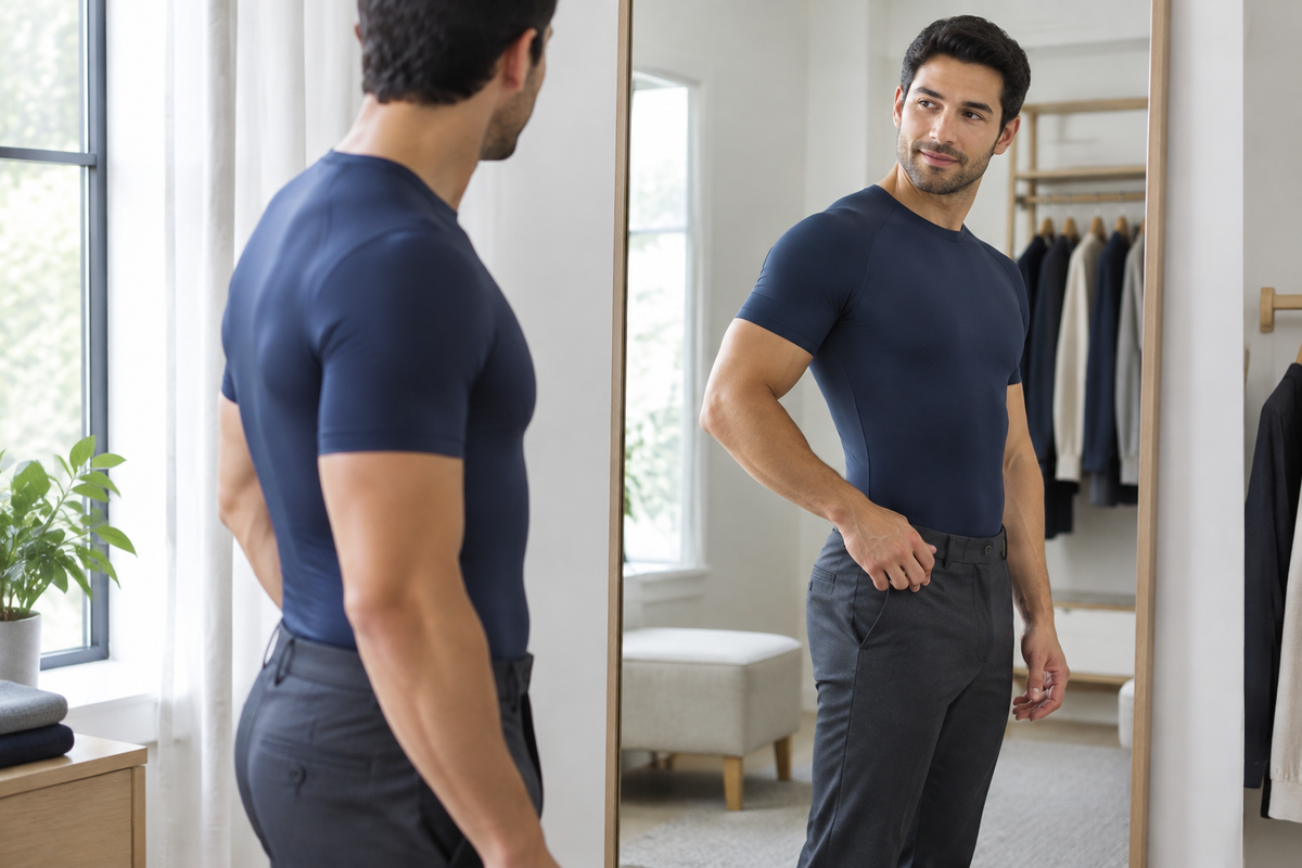 Adult man in a navy compression shirt checks the side fit in a mirror.