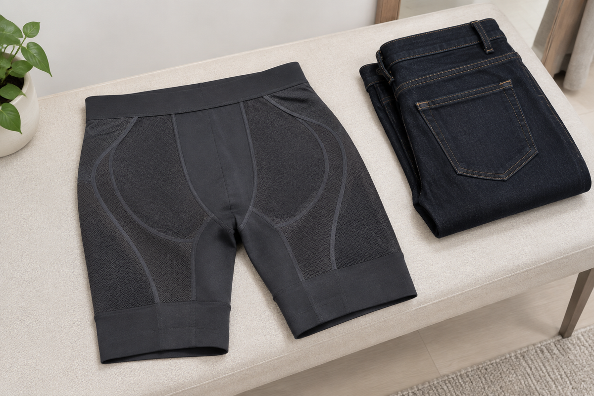 Dark charcoal hip-and-seat compression shorts with visible shaping seams beside folded jeans.