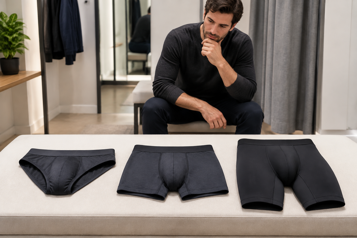 Three dark enhancement underwear styles with supportive front pouches arranged side by side.