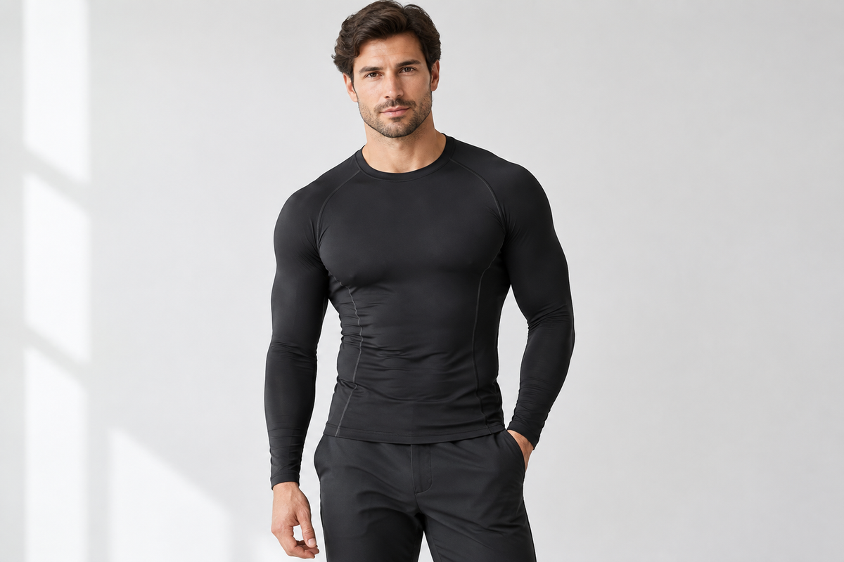 Adult man wearing a fitted black long-sleeve compression shirt and dark trousers.