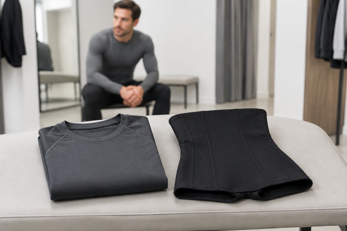 Folded charcoal compression shirt beside a black waist-shaping garment on a fitting-room bench.