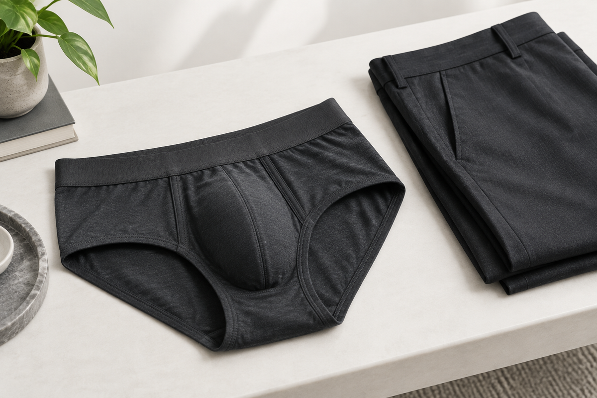 Dark charcoal enhancement briefs with a structured front pouch beside folded trousers.
