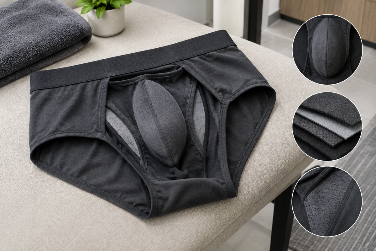 Dark enhancement briefs opened to show a structured inner pouch and layered support panels.
