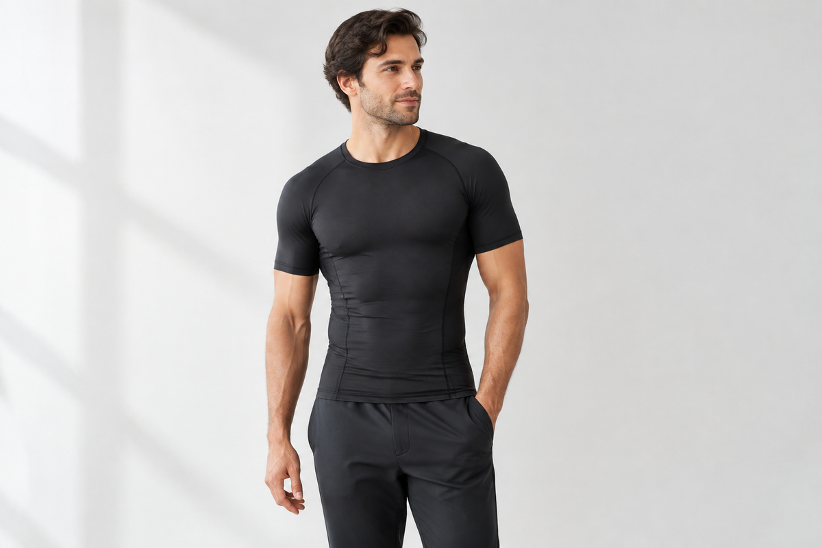 Adult man wearing a fitted black compression shirt and dark trousers, showing the smooth close fit of shapewear.