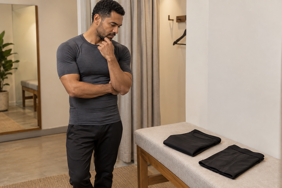 Man wearing a charcoal compression shirt considers two folded shaping garments on a fitting-room bench.