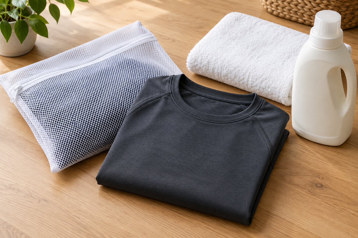 Folded charcoal compression shirt beside a mesh laundry bag and white towel.