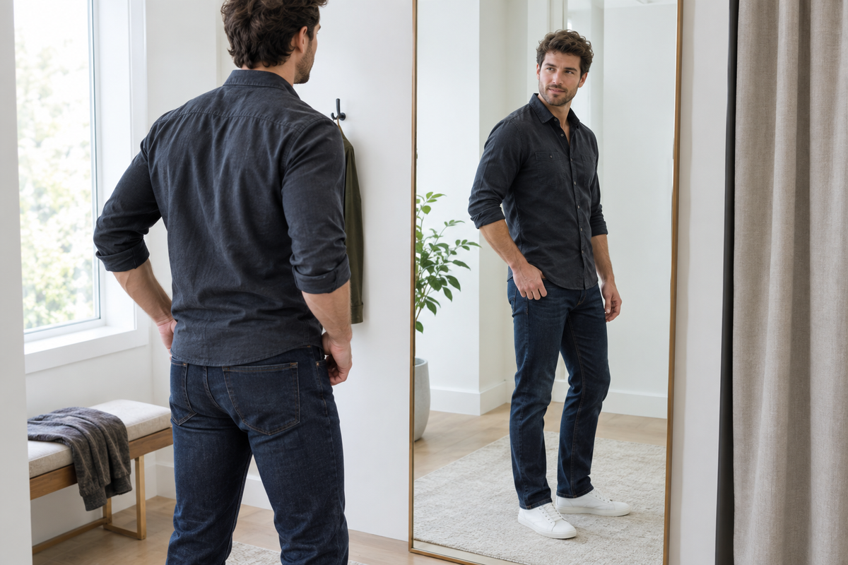 Man in dark jeans checks the fit of his trousers in a dressing-room mirror.