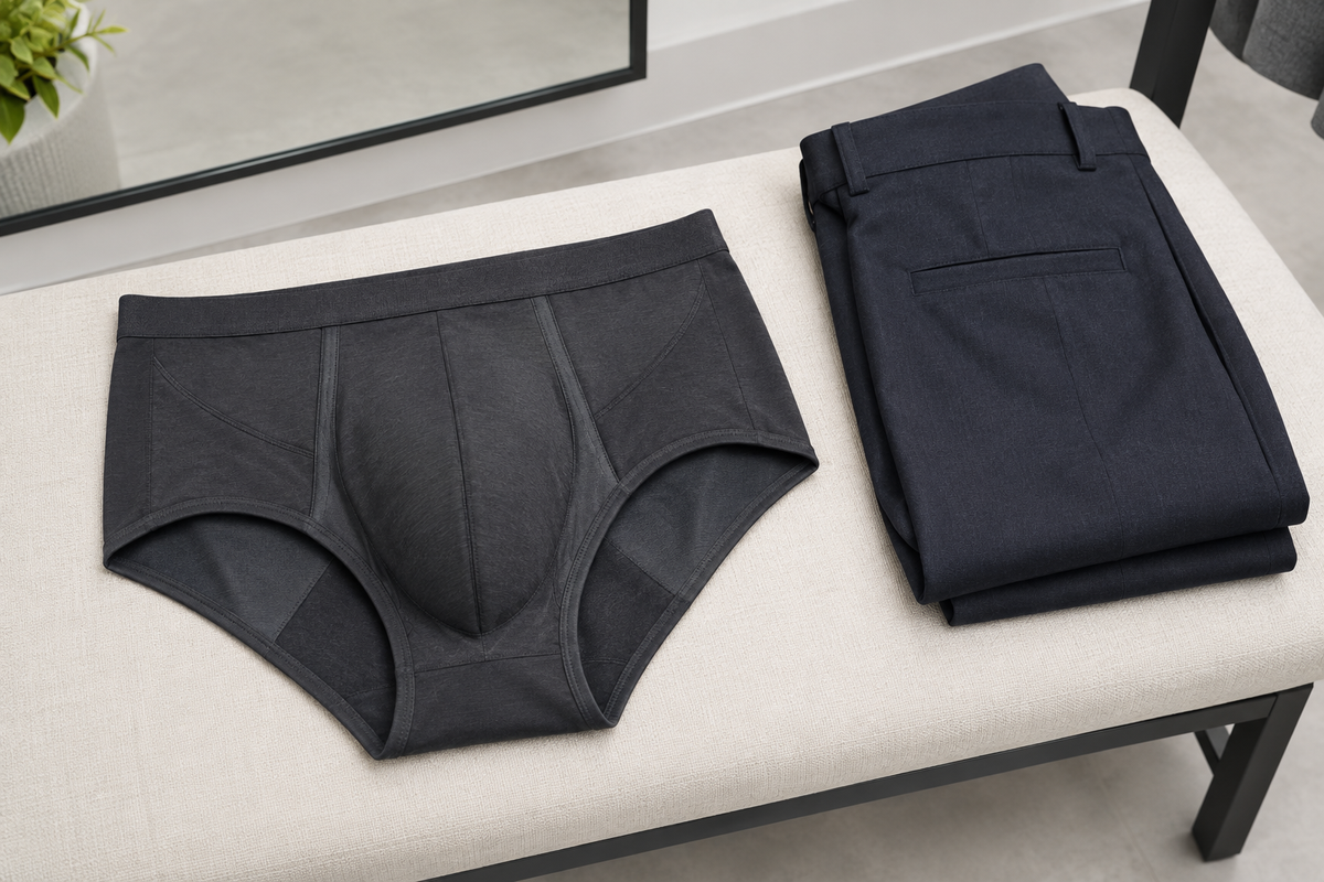 Dark charcoal shaping briefs with visible support seams beside folded trousers.
