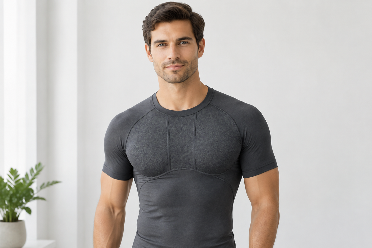 Adult man wearing a charcoal compression shirt with visible chest panel seams.