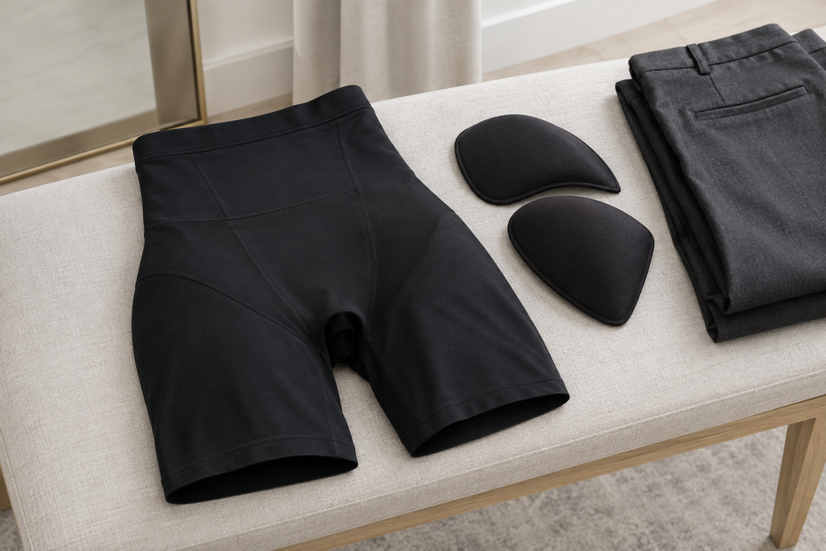 Black shaping shorts beside two removable hip pads and folded trousers.