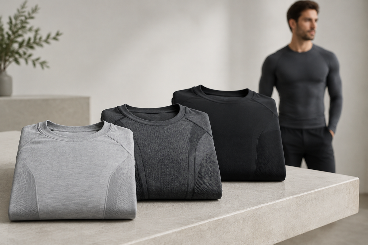 Three folded compression shirts in light gray, charcoal, and black, with a model wearing a dark compression top in the background.