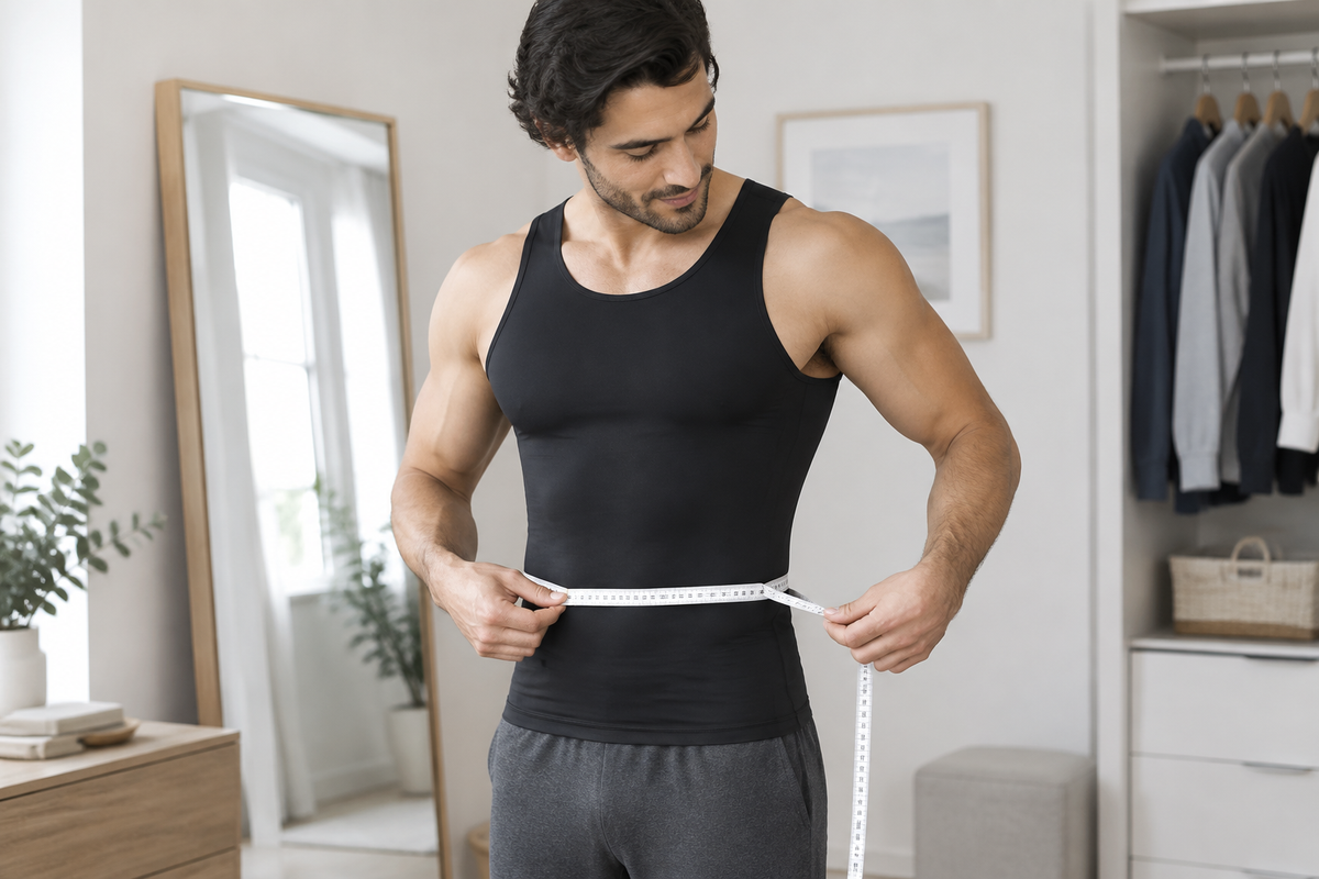 Adult man wearing a black compression tank measures his waist with a soft tape.
