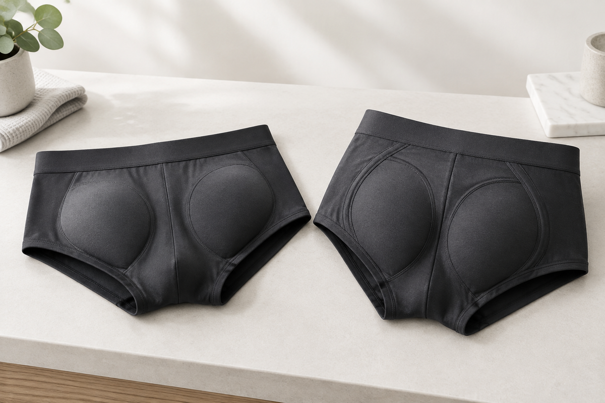 Two dark shaping briefs showing different panel designs, one padded and one with supportive lift seams.