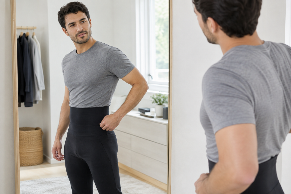 Man in a gray shirt checks the fit of a black high-waisted compression garment in a mirror.