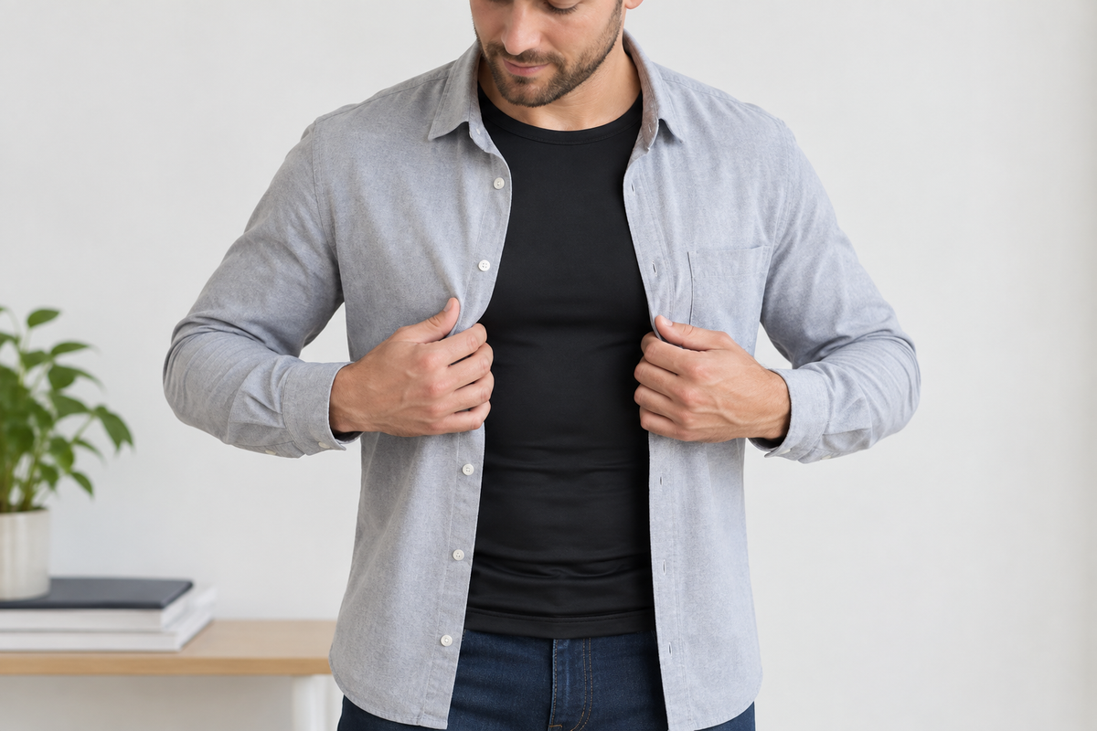 Man wearing a black compression undershirt beneath a light gray shirt.