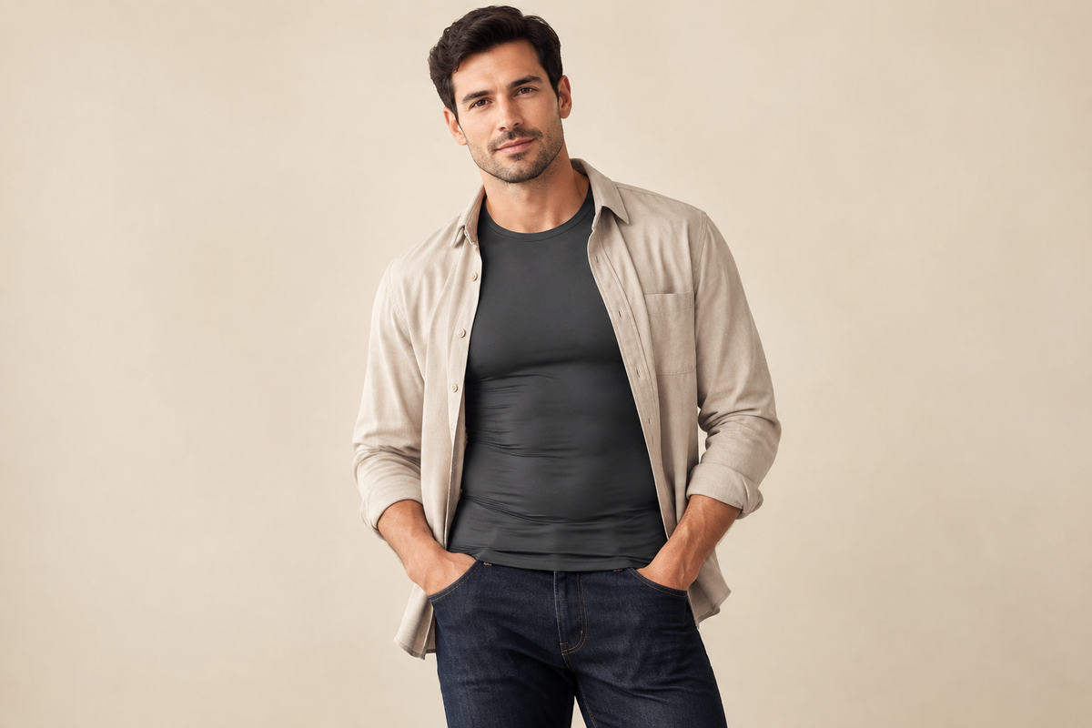 Adult man in a charcoal compression shirt under a beige overshirt and dark jeans.