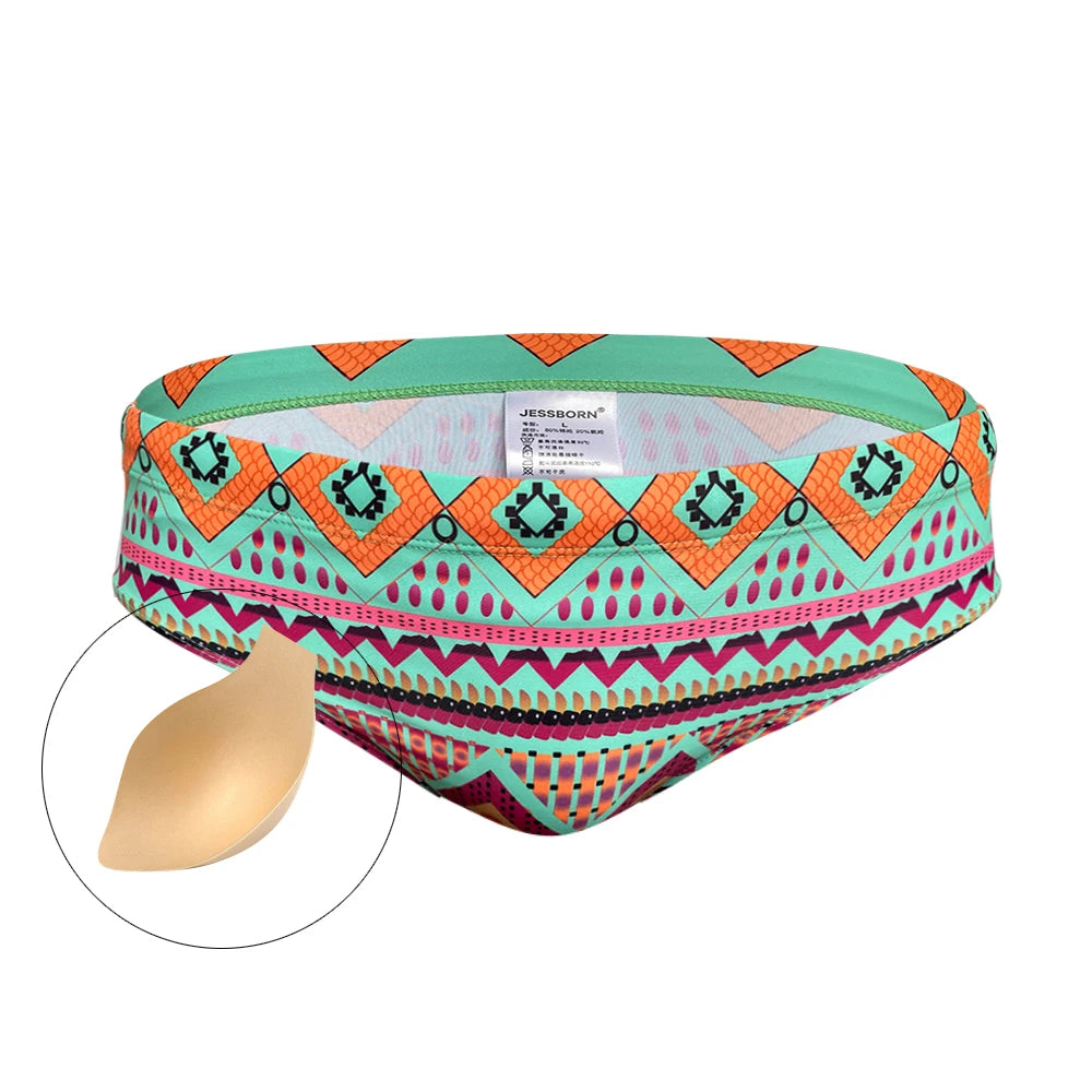 Men's Printed Swim Briefs with Padded Front Pouch