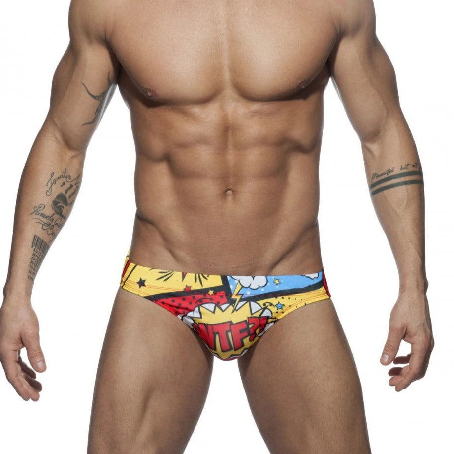 Men's Cartoon-Print Swim Briefs with Removable Push-Up Pad