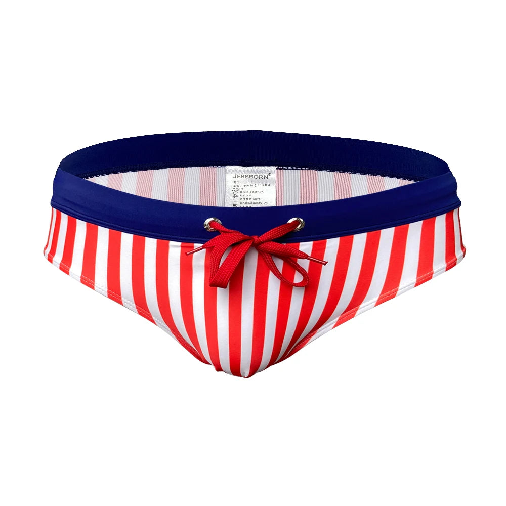 Men's Low-Rise Striped Swim Briefs with Push-Up Pouch