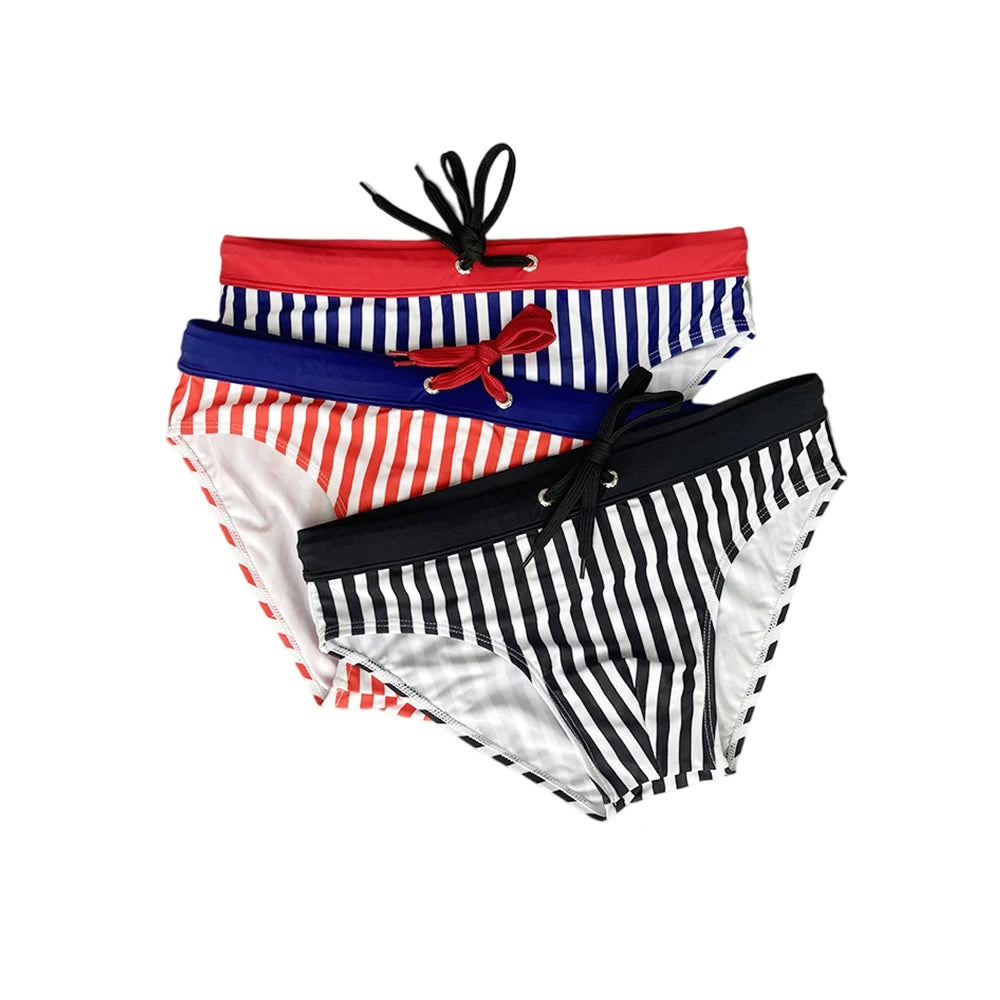 Men's Low-Rise Striped Swim Briefs with Push-Up Pouch