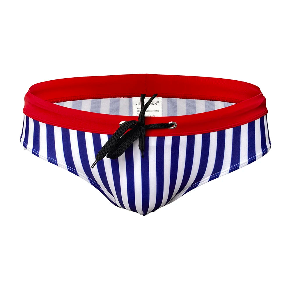 Men's Low-Rise Striped Swim Briefs with Push-Up Pouch